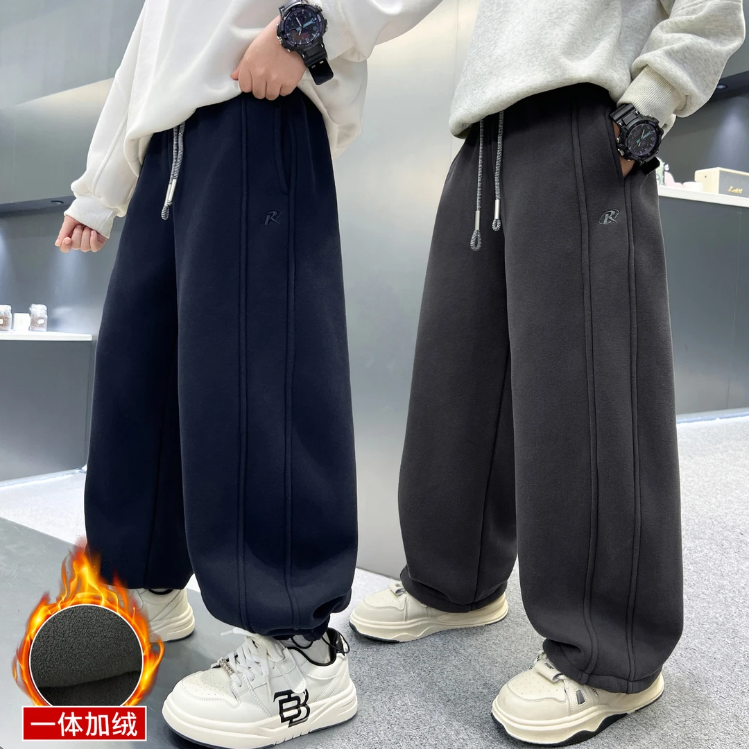 男童裤子秋冬季儿童加绒加厚卫裤2025新款中大童男孩一体绒运动裤