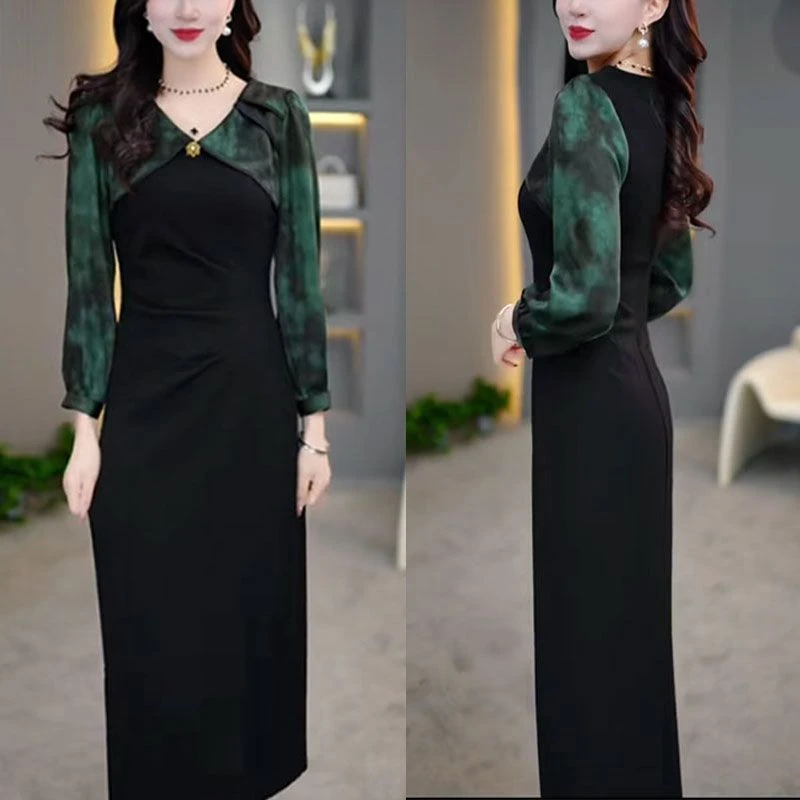 2025年秋季新款修身显瘦法式拼接假两件裙子女时尚轻奢长袖连衣裙