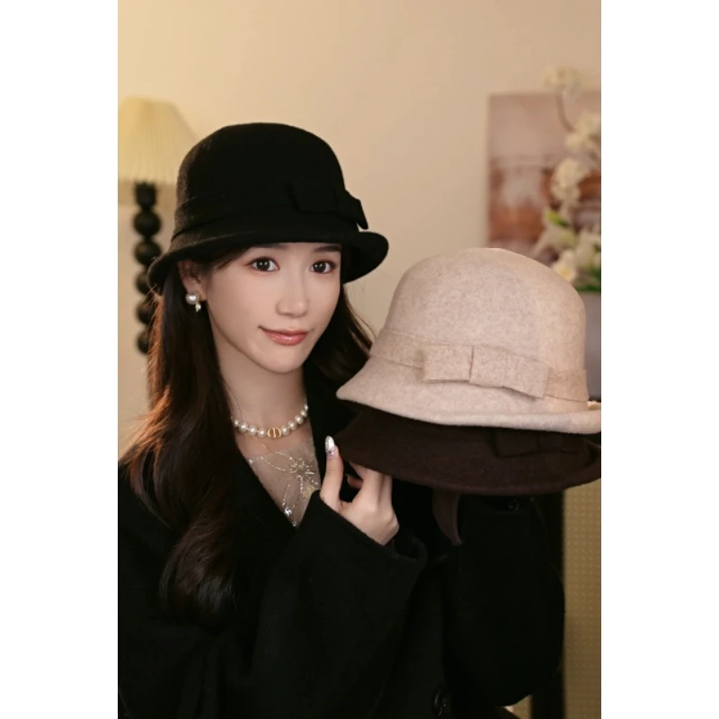 赫本风羊毛千金帽名媛秋冬季纯色渔夫帽保暖气质帽子