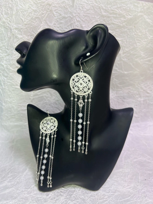 锌合金仿珍珠耳饰 蒙古元素圆圈长款流苏耳环925银针古风气质