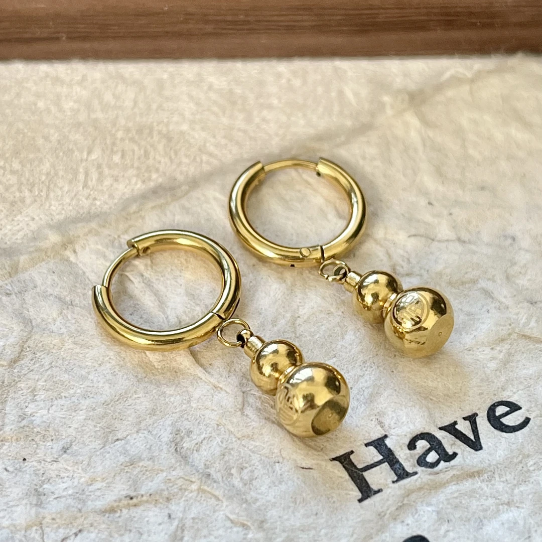 钛钢耳饰 E07个性金色葫芦耳饰女款气质时尚百搭简约小众精致