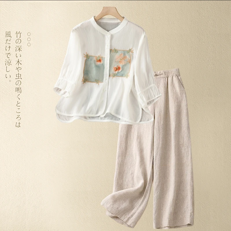 2025年新款立领衬衫拼接撞色印花单排扣宽松衬衣七分袖小衫阔腿裤