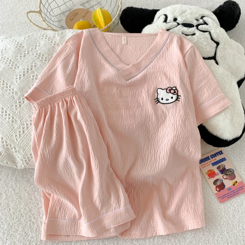 云朵棉夏季睡衣薄款宽松休闲少女韩版甜美家居服套装V领短袖短裤