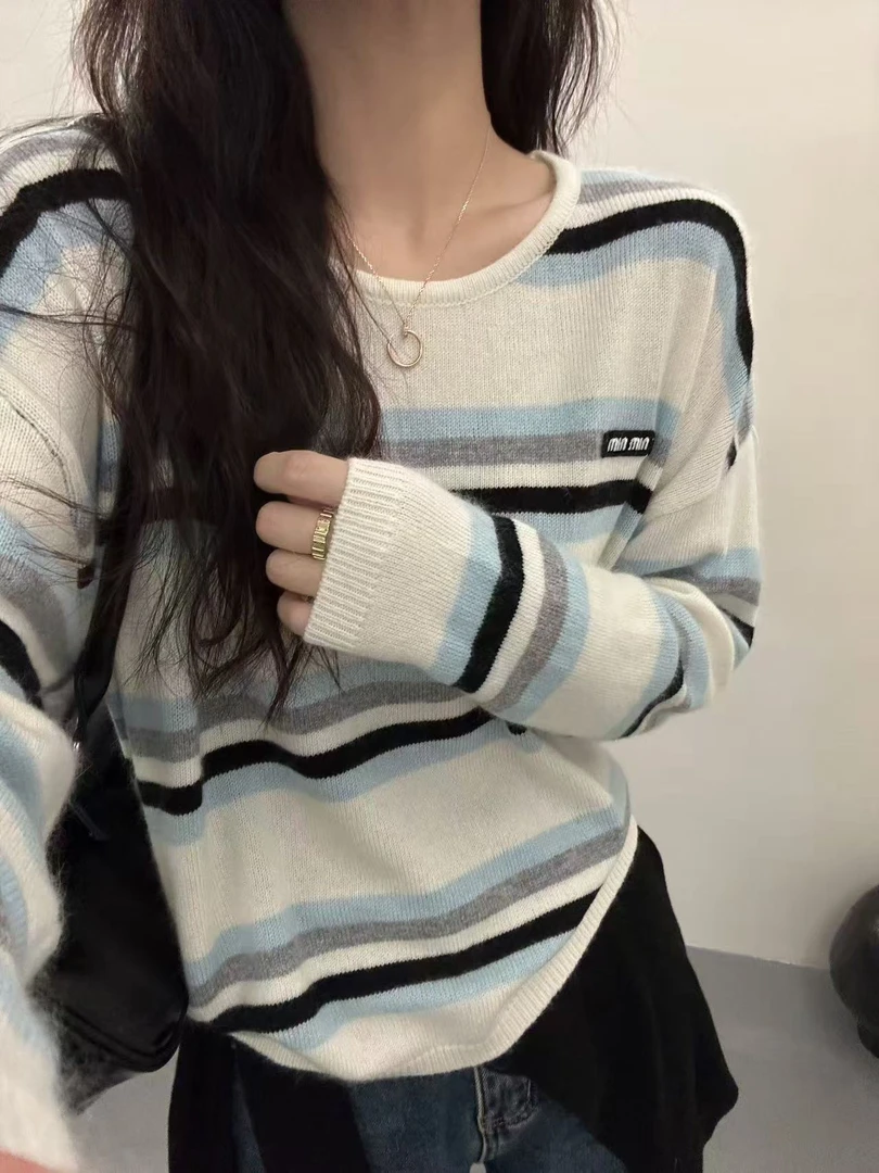 慵懒叠条丨撞色条纹毛针织衫套头上衣女6322