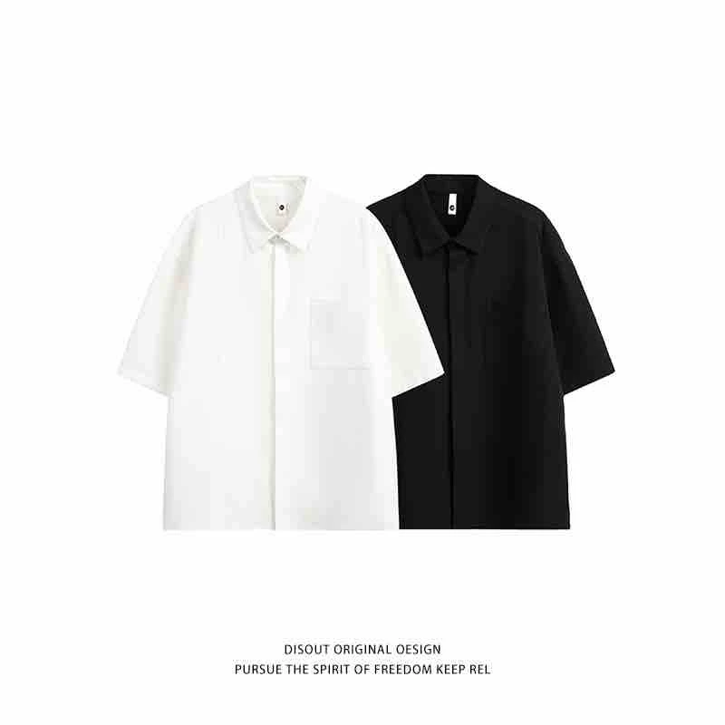 美式休闲简约纯色褶皱设计男士短袖衬衫通勤开衫外套2320