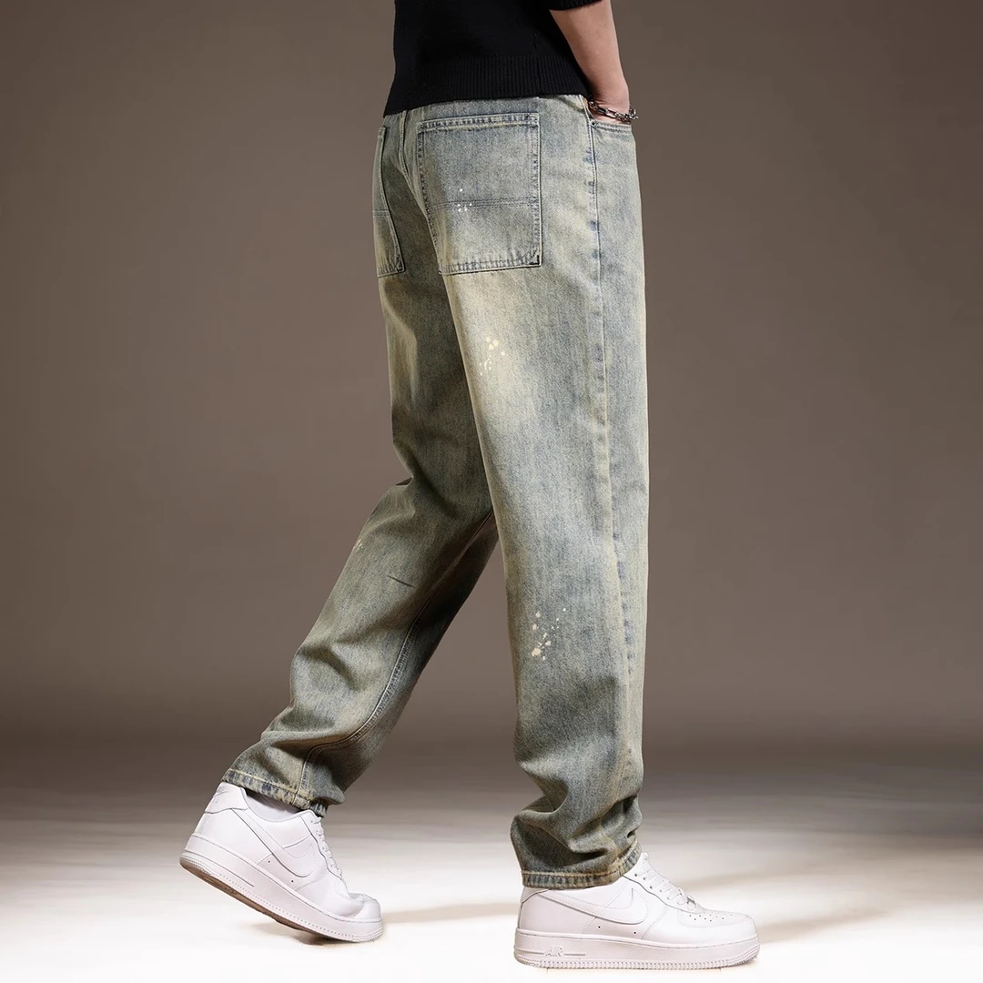 Cebrodz高端美式水洗做旧直筒牛仔裤男士夏季潮牌泼墨复古阔腿裤