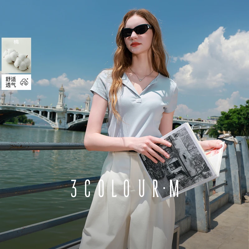 三彩2025夏季新款短款翻领蓝色短袖T恤修身收腰套头衫上衣休闲女M