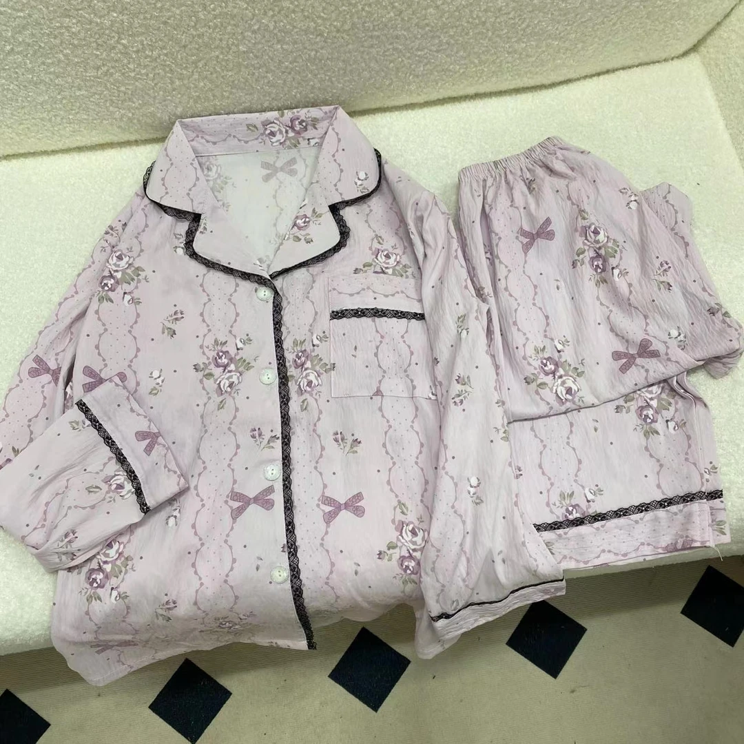 琦欣之梦紫玫瑰蕾丝秋季新款高定长袖长裤带胸垫家居服套装女