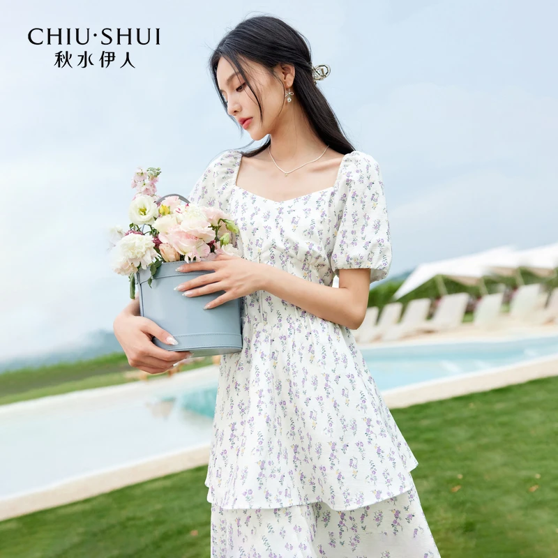 【直播】秋水伊人复古法式方领印花连衣裙高腰一字肩裙子6781