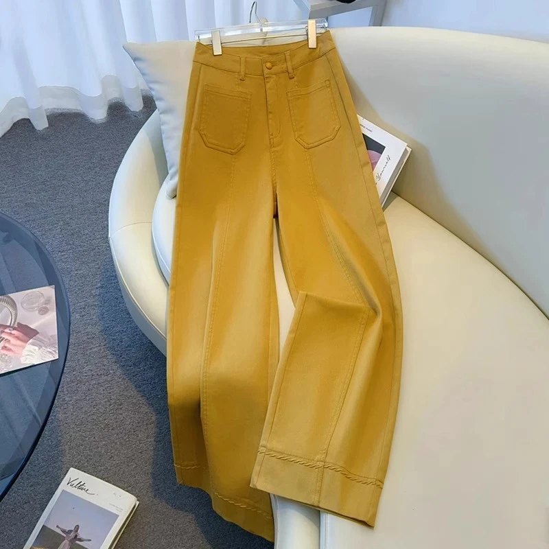 黄色牛仔阔腿裤女小个子2025春秋新款今年流行压花显瘦休闲直筒裤