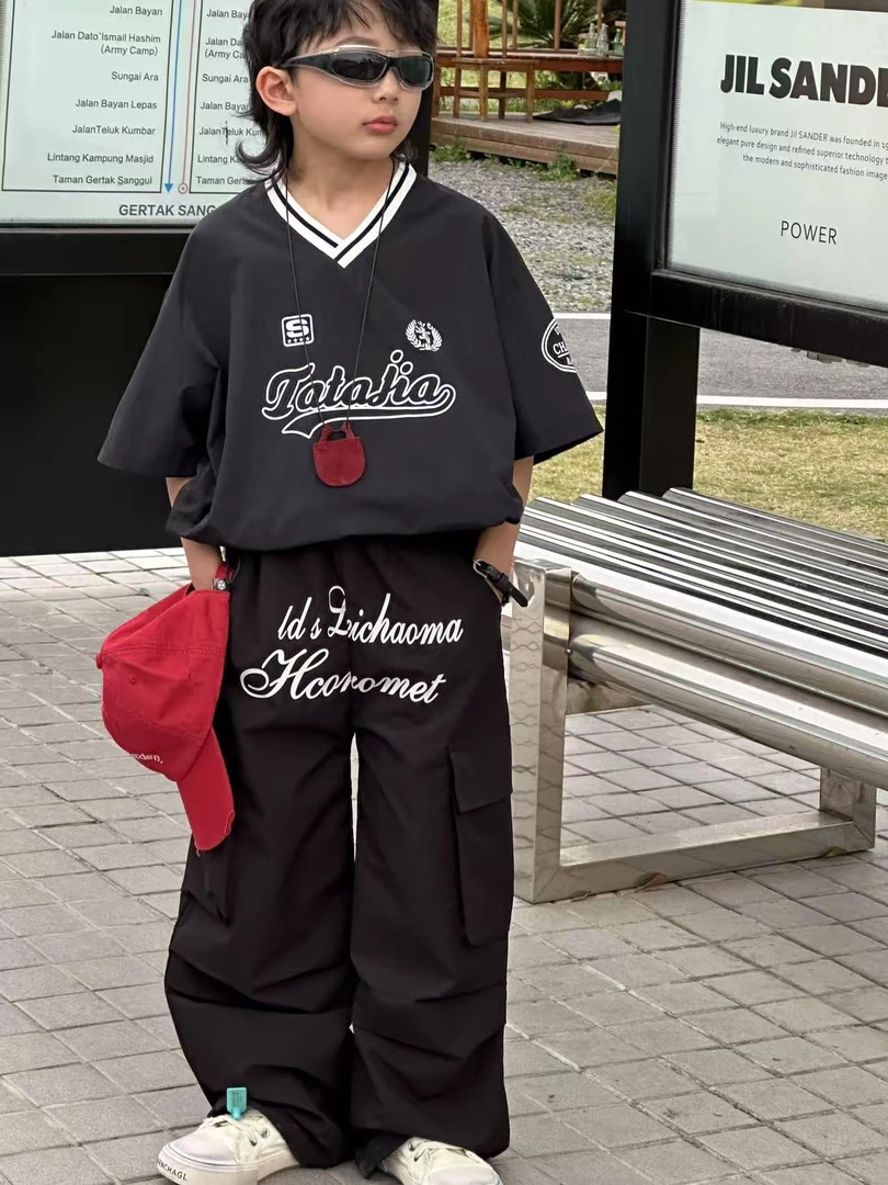 男童短袖2025夏秋新款儿童美式洋气休闲潮范黑色印花T恤