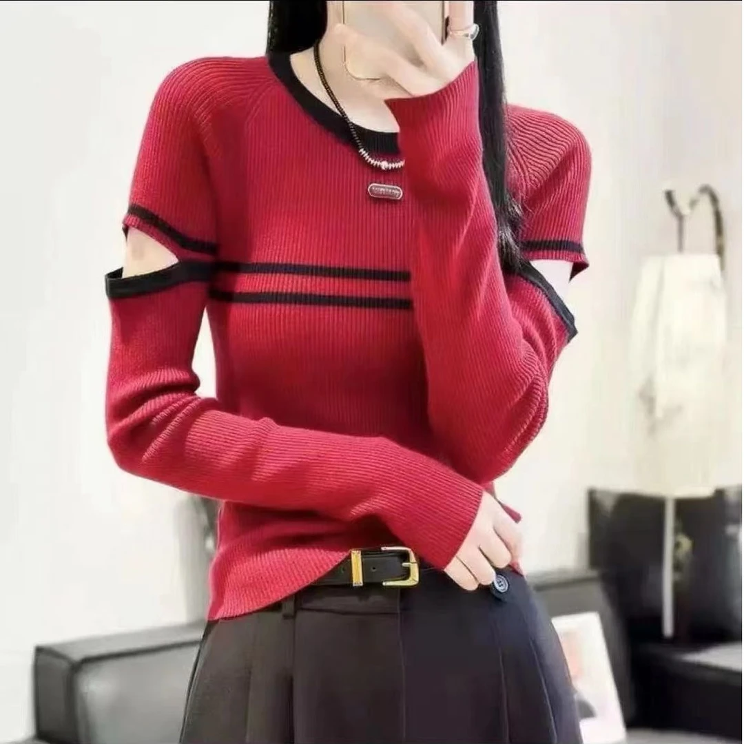 KIKI严选：26016-欧洲站南油秋季新小众拼色条纹袖子镂空毛衣