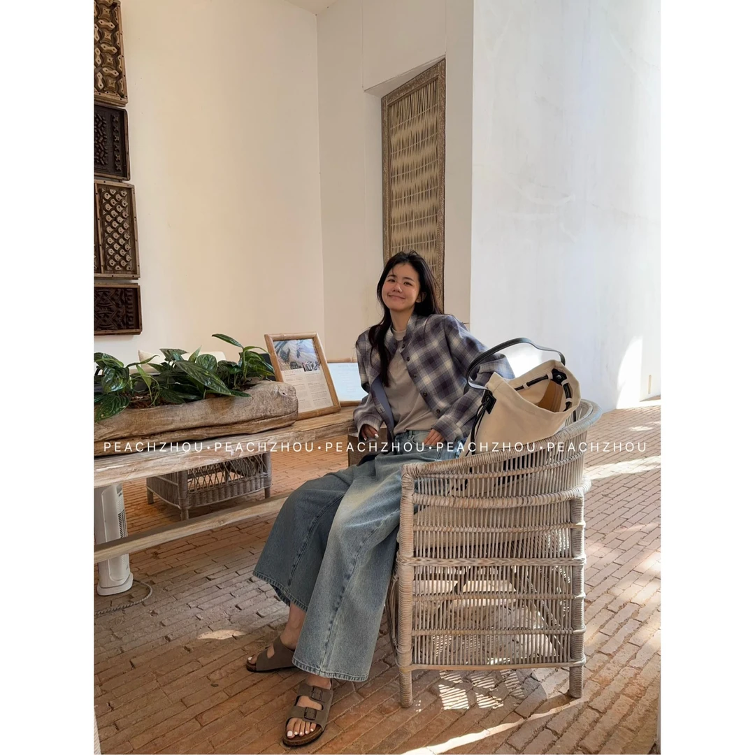 『PEACHZHOU』撞色格纹中式立领衬衫经典休闲设计感宽松长袖衬衣女