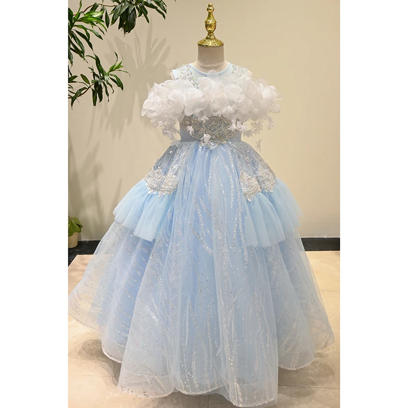 铃兰花蓝色女童主持人晚礼服高端儿童生日花童艾莎公主裙钢琴演奏