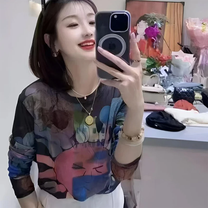 日系复古涂鸦太阳花长袖T恤女2025夏季新修身显瘦防晒罩衫短上衣