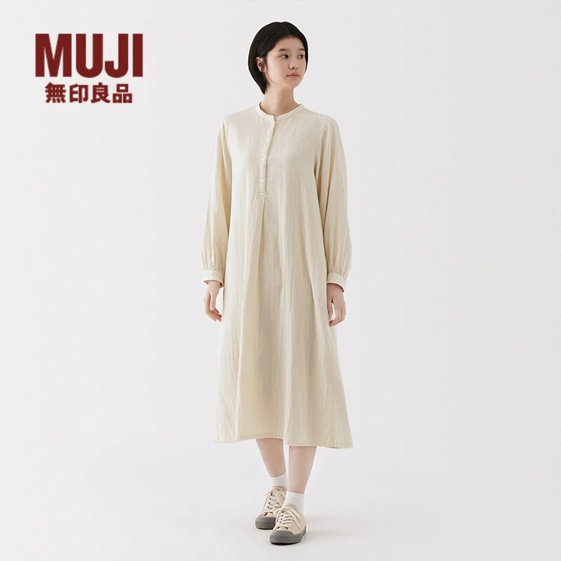 无印良品 MUJI 女式 木棉混 双层纱织 长袖连衣裙 欧若假日风