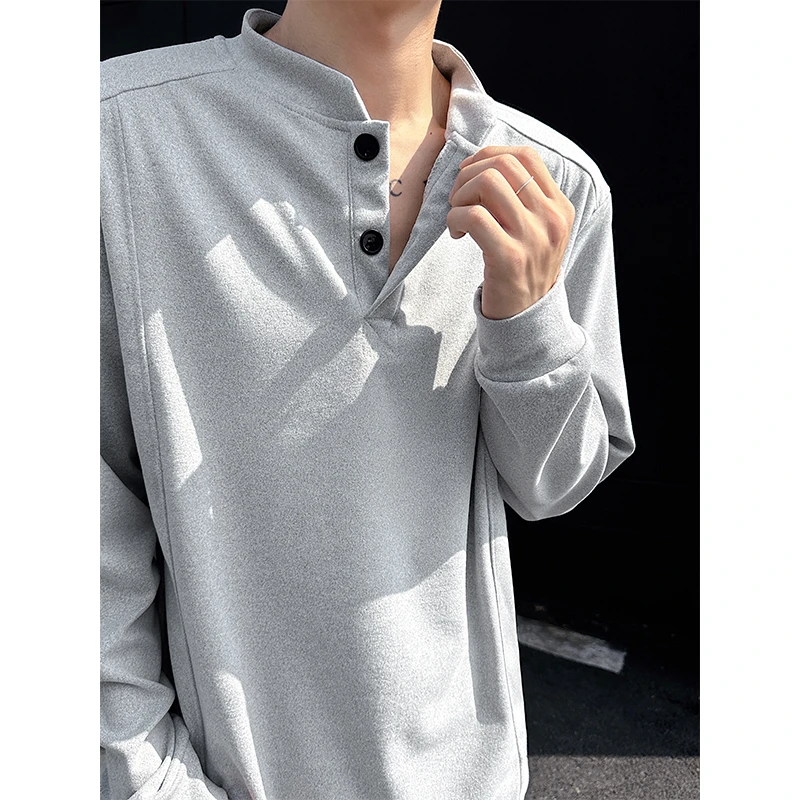 【现货+运补】美式拼接亨利领落肩袖男长袖T恤ins百搭纯色秋冬