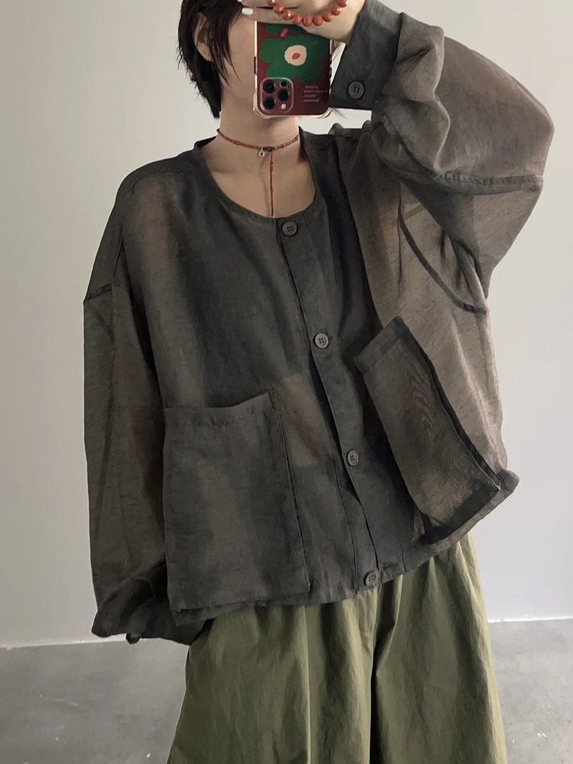 Z079夏天时髦精必备麻感防晒宽松文艺小众日系设计感ins百搭