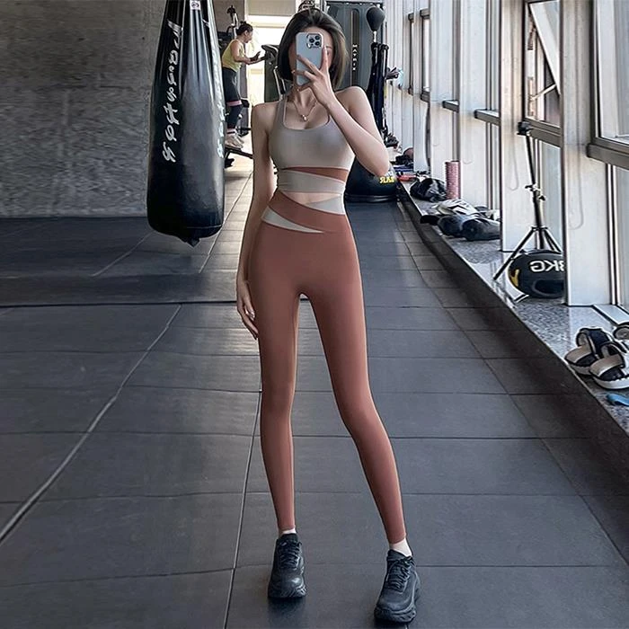 LULUISSUE交叉腰健身裤女弹力外穿拼接跑步高腰紧身运动长裤瑜伽