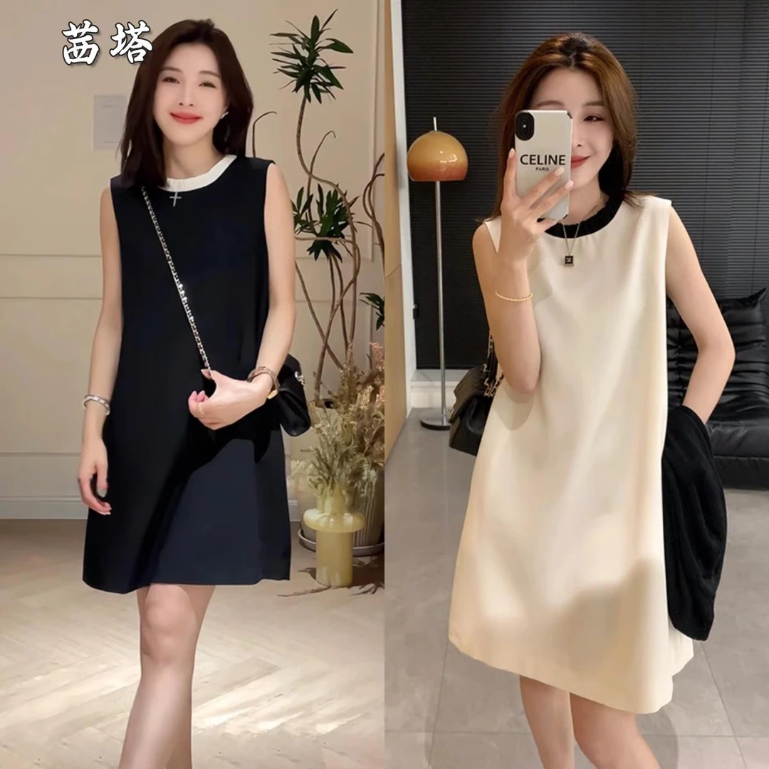 法式高级感小香风圆领无袖连衣裙女夏季大码胖mm独特漂亮背心裙子