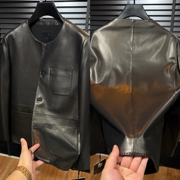 28766无领男士皮衣穿搭秋季青春潮流时尚穿搭百搭款