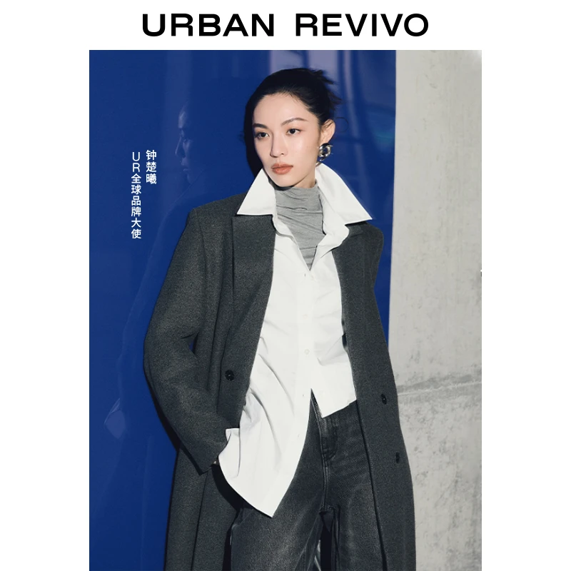 UR2025秋季新款女摩登高智格雷系长款大衣呢料外套UWG150051