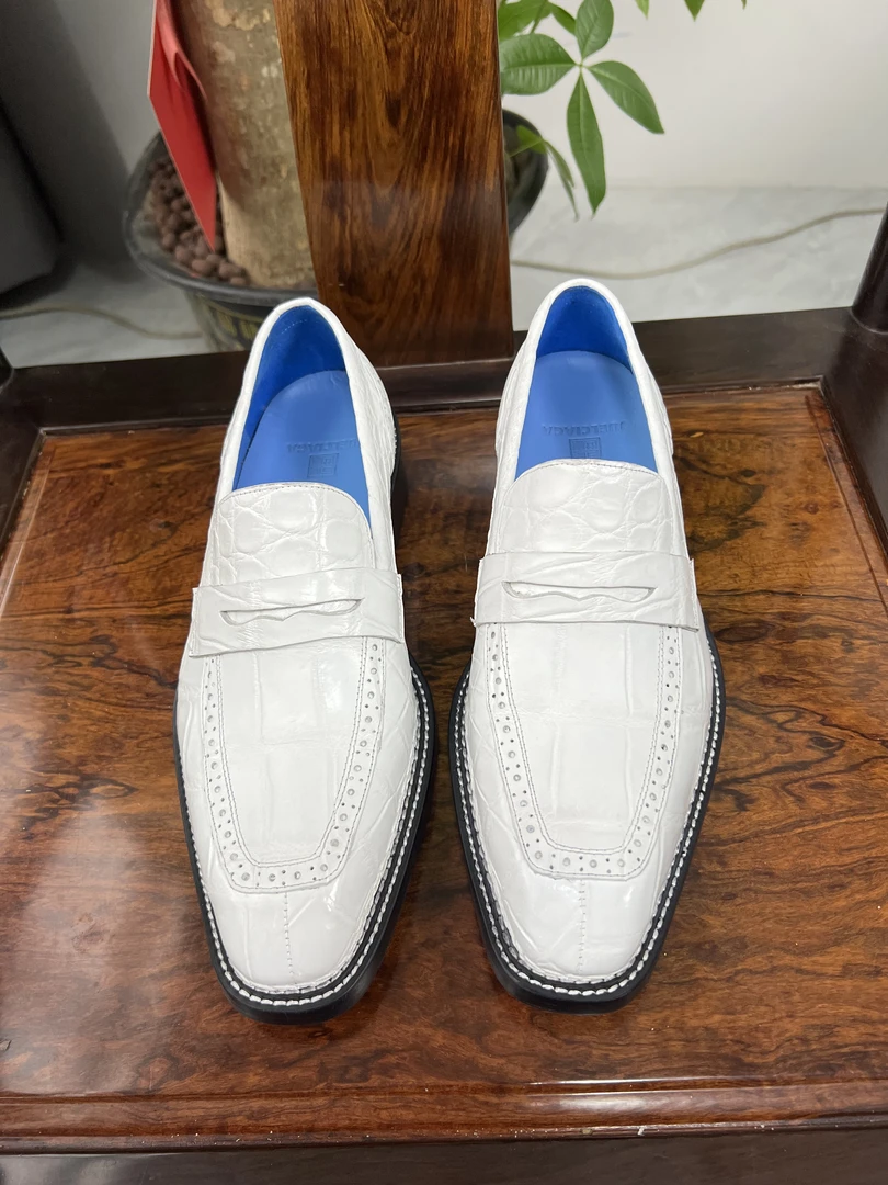 擦色鳄鱼皮固特异一脚蹬手工挪威缝休闲通勤风乐福鞋真皮防滑男鞋