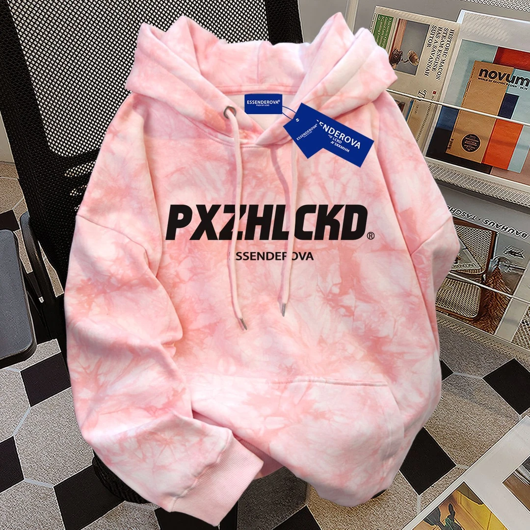 美式复古简约扎染连帽卫衣男女秋冬季加绒加厚新款宽松显瘦上衣潮