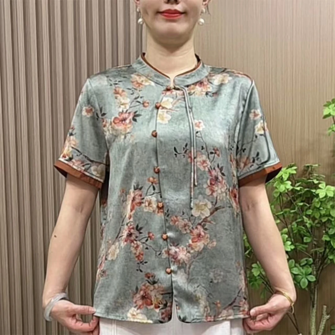 8695妈妈装夏装新中式国风立领小衫中老年女装夏季短袖斜襟旗袍衫
