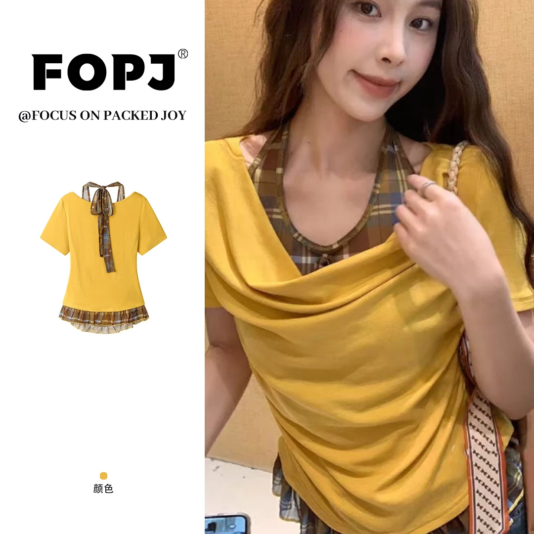 FOPJ韩系新款芭蕾风格子拼接挂脖假两件短袖t恤女修身显瘦ins上衣