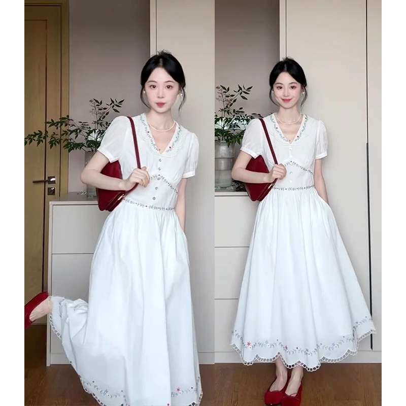 法式初恋白月光蕾丝刺绣娃娃领连衣裙女波西米亚清纯掐腰仙女裙子