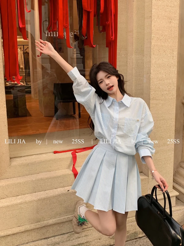 纯欲休闲风两件套装女2025夏季新款爆款条纹衬衫百褶半身裙两件套