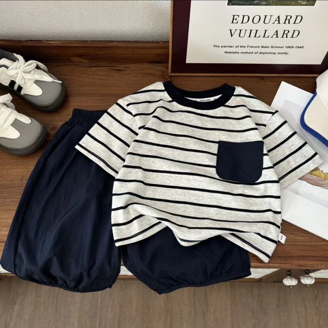 男女童夏装短袖套装条纹2025新款儿童夏季薄款宝宝洋气两件套