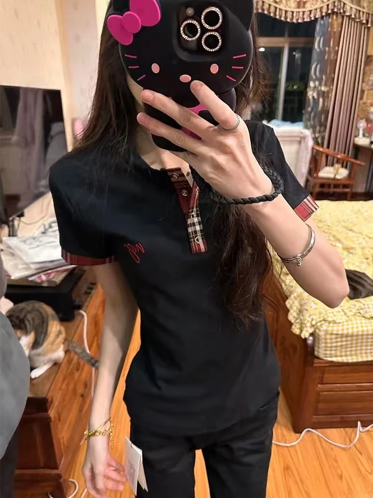 美式复古假两件格纹拼接正肩短袖t恤女夏修身设计感小众短款上衣