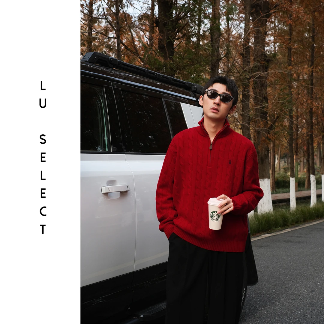 Lu SELECT【小马标】100%羊毛老钱风拉链刺绣绞花立领毛衣