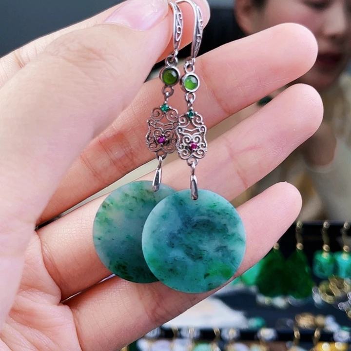 翡翠耳饰银S925镶嵌饰品