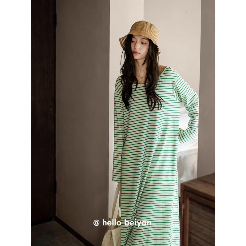 贝妍度假风条纹带胸垫睡裙女春秋新款长袖睡衣柔软莫代尔棉连衣裙