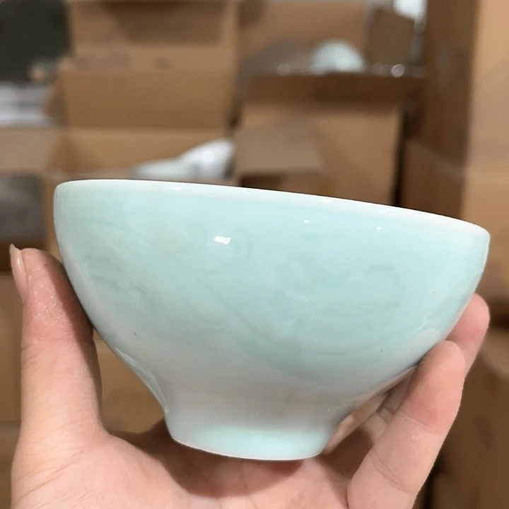瓷片青瓷4.5英寸缠枝莲米饭碗六个微瑕包邮