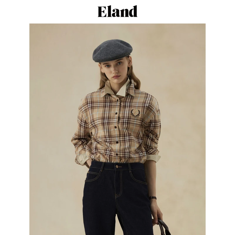 【女装优选WL】Eland衣恋衬衫女复古原创格纹宽松上衣EEYCE49E01