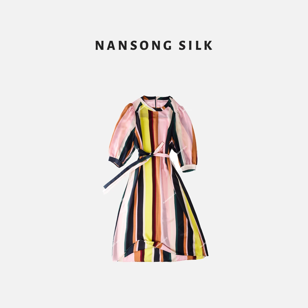 【敏洋纯专属】品牌新款桑蚕丝圆领撞色长袖宽松系带连衣裙337129