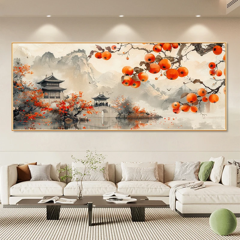 多籽柿子画横版餐厅茶室挂画客厅沙发客厅装饰背景客厅背景墙挂画