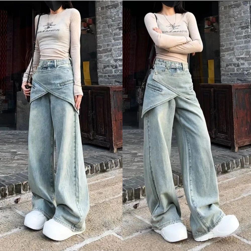 胖mm酷炫高腰牛仔裤直筒女大码复古街头个性复古可拆卸腰封叠2025