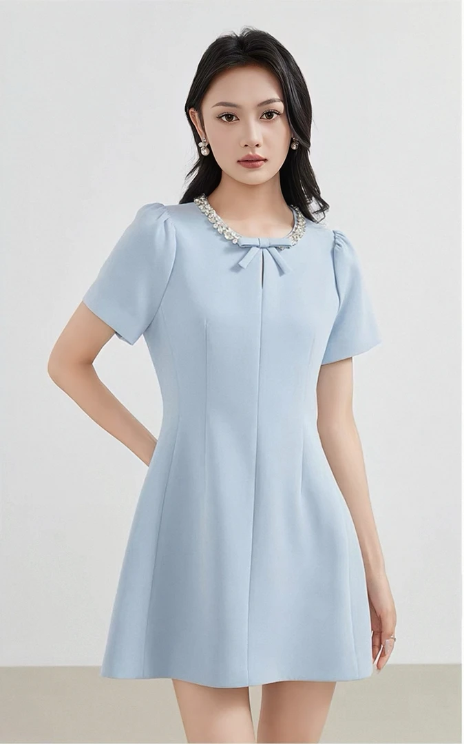 法式气质款收腰显瘦连衣裙醋酸夏季新款小个子A字裙