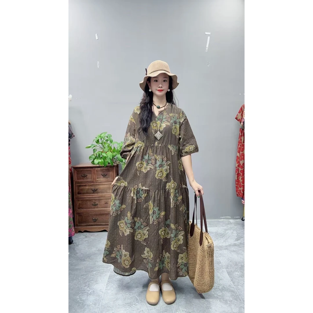 5117夏季新款显瘦气质时尚女百搭休闲文艺复古印花洋气宽松连衣裙