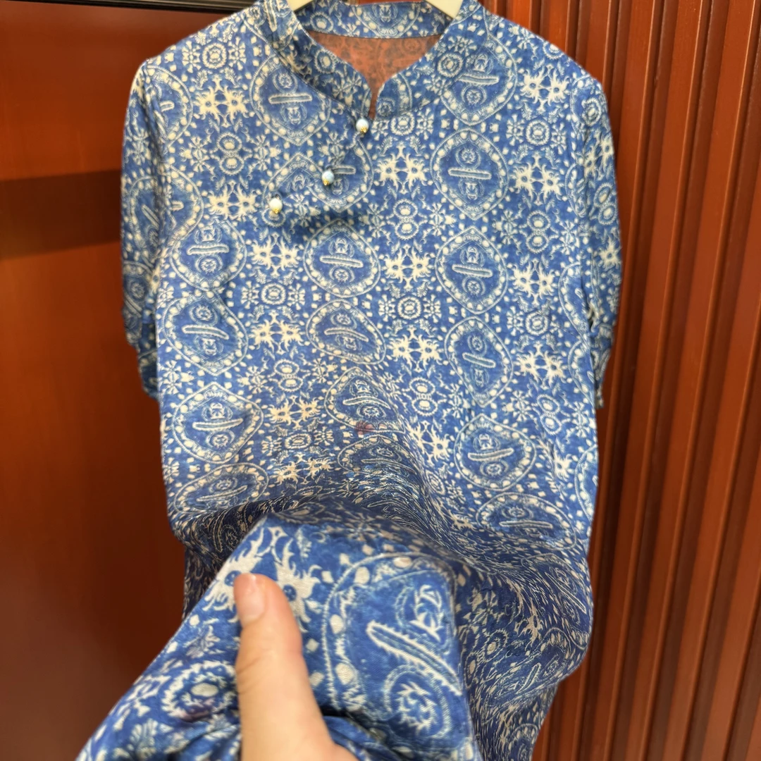 【青花瓷】长款满印七分袖长裙立领长袖连衣裙御姐风提花新中式