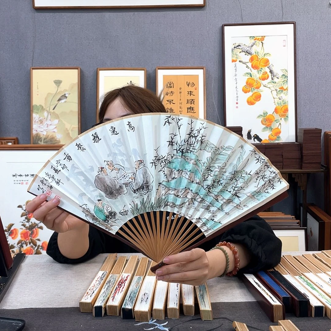 国画95寸红木-纯手绘-文玩扇骨（默认粘好）