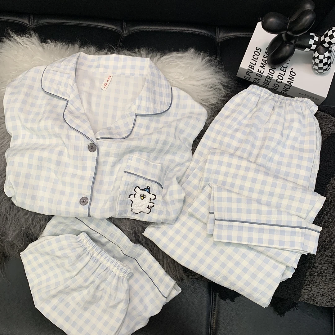 【线条狗三件套】春夏新款云朵绵短袖短裤长裤三件套女款睡衣家居服