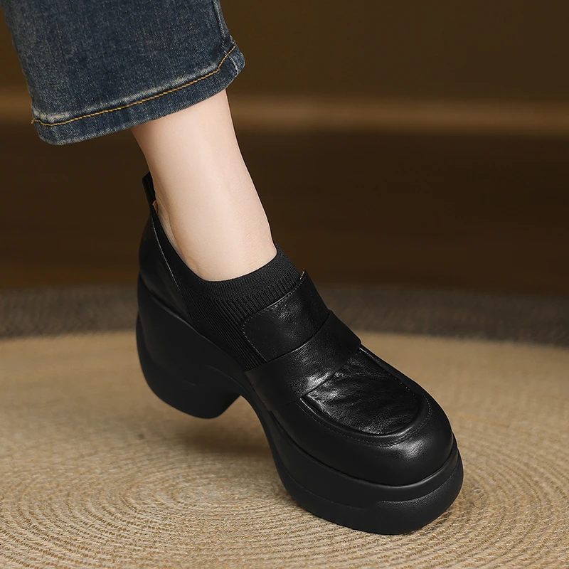 小个子增高9cm~乐福鞋女新款圆头拼接深口单鞋女不累脚松糕厚底鞋