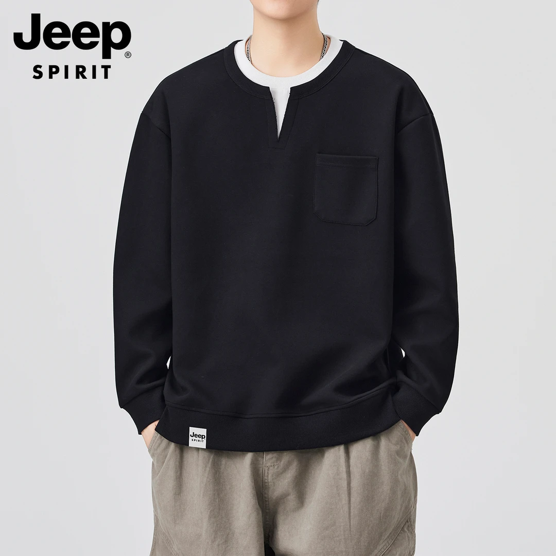 吉普假两件V领卫衣男2025秋冬季新款潮流宽松百搭休闲长袖打底衫