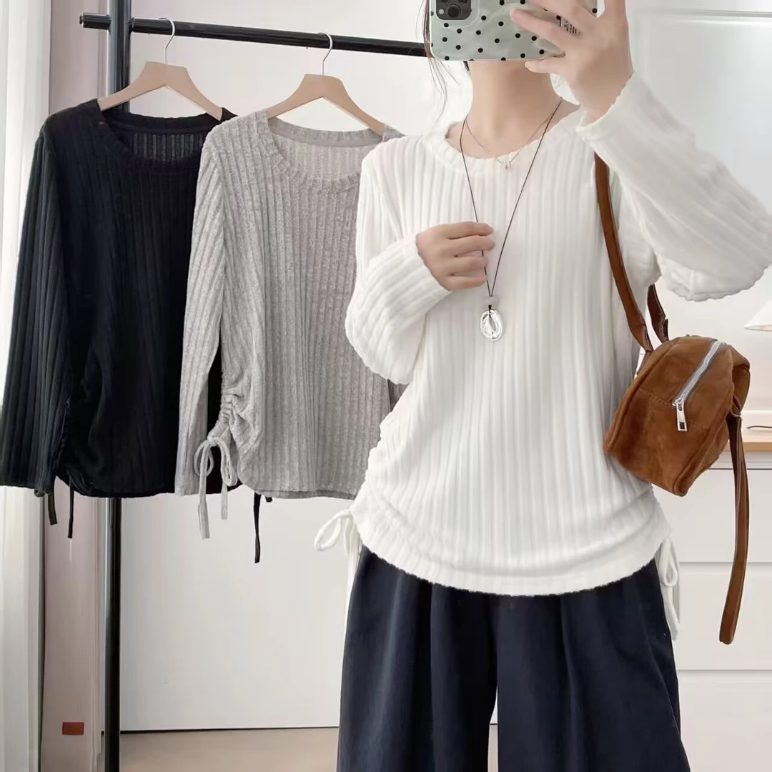 大码秋季常规款纯色毛针织衫拼接速干常规宽松型长袖669